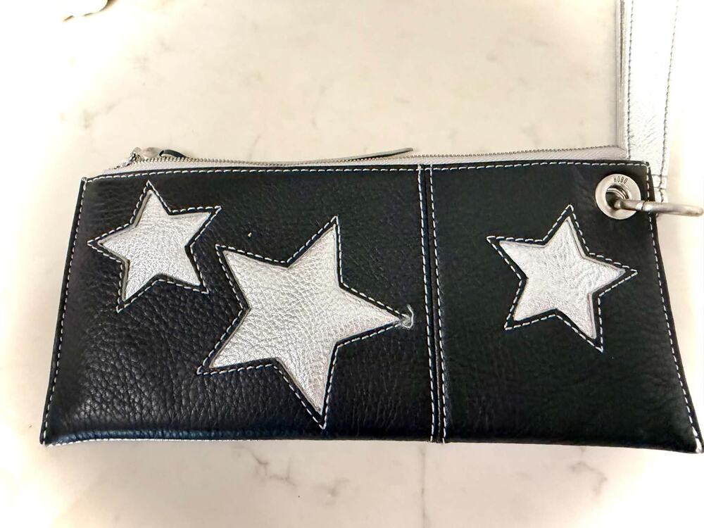 HOBO International Black Silver Leather Star Wristlet Clutch